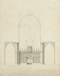 Lichfield katedrális belseje – bejárat a kórusból a hajóba: rajz és mosás, nd [c 1780]
