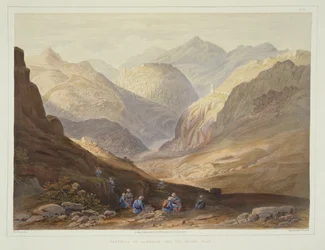 Alimuszid erődje és a Khybur-hágó, 13. tábla Afganisztán díszletei, lakói és jelmezei című könyvéből, W.L. metszet. Walton, 1848