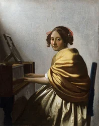 Virginál előtt ülő fiatal nő, Jan Vermeer (Johannes) (1632-1675) festménye, 1670 körül, mérete 25,1 x 20 cm, magángyűjtemény