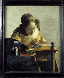 A csipkeverő nő. Jan (Johannes) Vermeer delfti festménye (1632-1675), körülbelül 1658-1660. Méretek: 0,24 x 0,21 m. Louvre Múzeum.