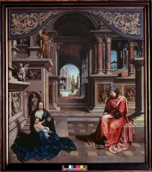 Szent Lukács megfesti a Madonnát. Jan Gossaert, más néven Mabuse festménye (kb. 1478-1532), 1515, méret: 205 x 230 cm, Prága, Nemzeti Galéria