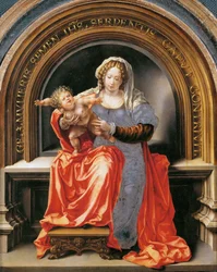 Szűz és gyermek – Jan Gossaert (Gossart, dit Mabuse) (kb. 1478-1532). Olaj, fa, kb. 1526-1527. Mérete: 30,6x24,5 cm. Művészettörténeti Múzeum, Vienne