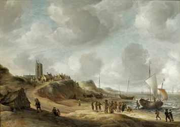 Egmond aan Zee kilátása halászokkal a tengerparton és tengeri szállítással