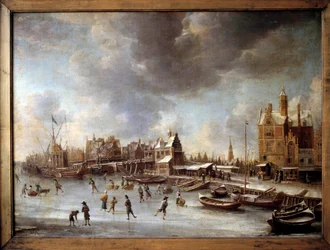 Téli táj. Korcsolyázók a befagyott tavon. Burstaten festménye (1622-1666) 17. század. Berlin, Állami Múzeum