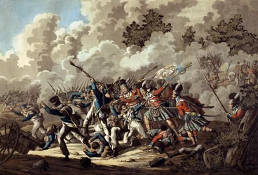 A francia gárda legyőzése a hegyvidékiek részéről, La Haye Sainte, a waterlooi csata során, 1815 (színes akvatinta)