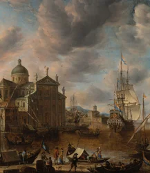 Mediterrán capriccio-kikötő, rakparton beszélgető alakokkal és a háttérben horgonyzó holland háromárbocossal, 1665
