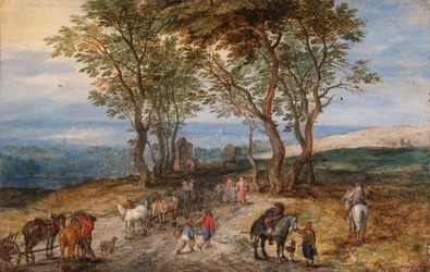"Országúti jelenet figurákkal: egy férfi imádkozik egy szentélyben", c1610
