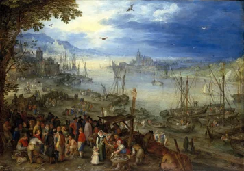 Német: Fischmarkt am Ufer eines Flusses Halpiac egy folyó partján