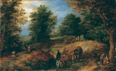 Táj utazókkal egy erdei ösvényen, kb. 1607.