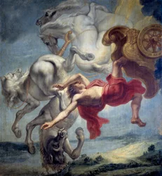 Phaethón bukása: Phaethón képtelen irányítani Héliosz szekerét, Zeusz villáma lesújt rá, és az Eridanosz folyóba zuhan - Jan Carel van Eyck (1649-kb. 1690) festménye, olaj vásznon, 17. század vége, méretek: 197x18
