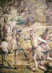 V. Károly császár 1500-58-as hadjárata a törökök ellen Tunisznál 1535-ben: Goletta elfoglalása, részlet egy testetlen fejet tartó gyalogos katonáról, karikatúra gobelin faszénről és WC-ről papíron
