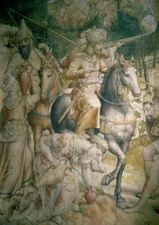 V. Károly császár hadjárata a törökök ellen Tunisznál 1535-ben: a törökök veresége a golettai csatában, szomjúságukat oltó lovas katonák részlete, karikatúra faszénről és wc-ről