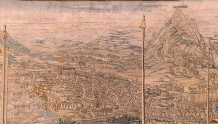 Flamand kárpit. sorozat Tunisz meghódítása; A barcelonai csapatok áttekintése (La revista de las tropas en Barcelona). A sorozat második kárpitja. Jan Vermeyen modell és Pieter Coecke van Aelst. 1543-1548. Gyártás Real Fábrica de Tapices de Sant