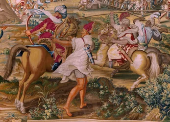 Flamand kárpit. sorozat: Tunisz meghódítása. A La Goleta elleni támadás (Ataque a la Goleta). A sorozat negyedik kárpitja. Jan Vermeyen modell és Pieter Coecke van Aelst. 1543-1548. Gyártás Real Fábrica de Tapices de Santa Bárbara, Madrid