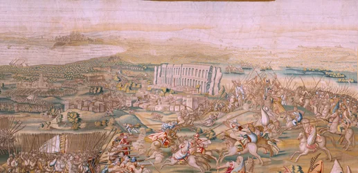 Flamand kárpit. sorozat: Tunisz meghódítása. A támadás La Goleta ellen (Ataque a la Goleta). A sorozat negyedik kárpitja. Jan Vermeyen modell és Pieter Coecke van Aelst. 1543-1548. Gyártás Real Fábrica de Tapices de Santa Bárbara, Madrid