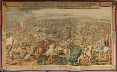 Flamand kárpit. sorozat: Tunisz meghódítása. A támadás La Goleta ellen (Ataque a la Goleta). A sorozat negyedik kárpitja. Jan Vermeyen modell és Pieter Coecke van Aelst. 1543-1548. Gyártás Real Fábrica de Tapices de Santa Bárbara, Madrid