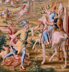 Flamand kárpit. sorozat: Tunisz meghódítása. A támadás La Goleta ellen (Ataque a la Goleta). A sorozat negyedik kárpitja. Jan Vermeyen modell és Pieter Coecke van Aelst. 1543-1548. Gyártás Real Fábrica de Tapices de Santa Bárbara, Madrid