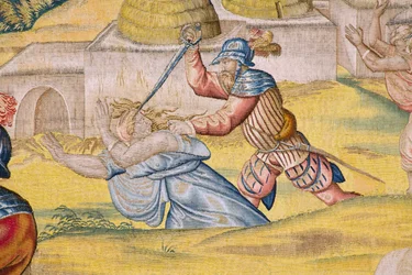 Flamand kárpit. Sorozat Tunisz meghódítása: Tunisz meghódítása. Jan Cornelisz Vermeyen karikaturista. Willem de Pannemaker stúdió, Brüsszel. Kb. 1545. Részlet.