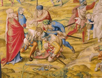 Flamand gobelin. Sorozat Tunisz meghódítása: Take of Tunis. Jan Cornelisz Vermeyen karikaturista. Atelier Willem de Pannemaker, Brüsszel. 1545 körül. Részlet.