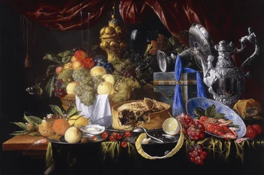 Pite óntányéron, részben hámozott citrom, ezüstkanál óntányéron, rák és garnélarák Wanli Kraak porselein tálban, 1649