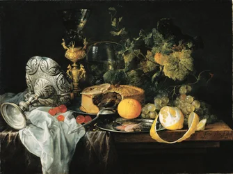 Német: Pompás csendélet gyümölcsökkel, pitével és serlegekkel Pompás csendélet gyümölcsökkel, pitével és serlegekkel, 1651