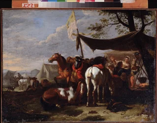 "Group Of Horsemen At Camp" (A lovassági tábor) Jan Frans van Bloemen (1662-1749) festménye, 18. századi távol-keleti művészeti múzeum, Habarovszk, Oroszország