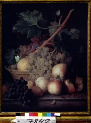 ""Gyümölcsök"" Őszibarack, szőlő, körte és gránátalma csendélet pillangókkal és darázssal. Jean Francois van Dael (1764-1840) festménye 1808 Puskin Múzeum, Moszkva