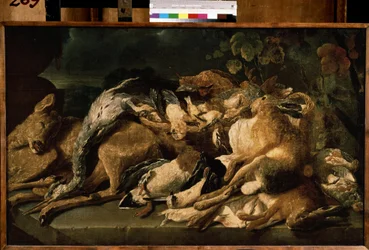 ""Csendélet vadakkal"" (Csendélet) Nyúl, őzike, kacsa. Jan (Johannes) Fyt (1611-1661) festménye 1640 Puskin Múzeum, Moszkva
