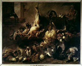 Vad terjedése egy macskával és két majommal evő őrben Jan Fyt (1611-1661) festménye (ec.flam.) 17. század V. 0,86 x 1,76 m Párizs, Louvre múzeum