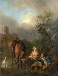 Táj figurákkal, lóval és kutyával