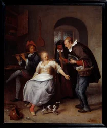 Egy felejtő kereskedő, péksütemények utazó eladója. Jan Steen (1626-1679) festménye 1678 V. 0,35x0,3 m Rouen, Musee des Beaux Arts