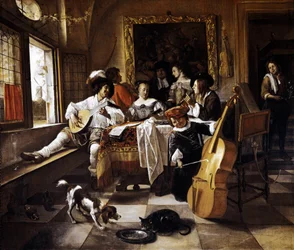 "" Családi koncert "" Jelenet holland belső térben. Jan Steen (1626-1679) festménye 1666 Chicago, Art Institute of Chicago