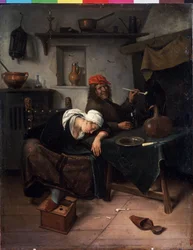 Az üresjáratok. Jan Havicksz Steen (1626-1679) festménye. Olaj, fa, 39 x 30 cm, 1660 körül. Holland művészet, barokk stílus. Ermitázs Múzeum, Szentpétervár.