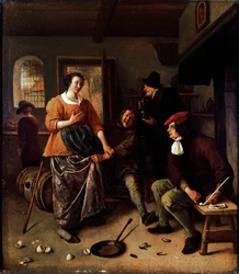 A törött tojások (egy fogadóban). Vidám karakterek csoportja a holland konyhában. A nő szoknyáját felemelő férfi a festő önarcképe. Jan Havickszoon Steen festménye (1625/6-1679) 1665-1670 V. 43x38 cm London, National Gallery - The Inte