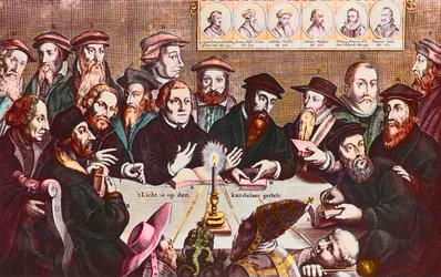 A fényt a gyertyatartóra helyezik - Jan HOUWENS metszete, amely a reformátorokat mutatja - John Calvin és Martin Luther Reformista vezetők képzeletbeli találkozója: John Wyclif (vagy Wycliff vagy Wycliffe