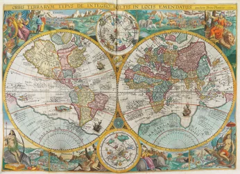 Útvonal. Világtérkép jelmezekkel, bennszülöttekkel, hajókkal, növényekkel és állatokkal, 1644.