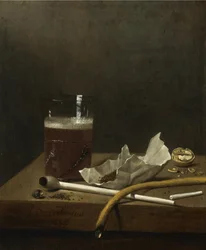 Csendélet egy pohár sörrel, pipával, dohánnyal és a dohányzás egyéb kellékeivel, 1658