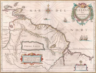 Egy 1649 körül készült térkép Guyana régióját ábrázolja. A Spanyolország által igényelt terület nyugaton pirossal, holland Guyana sárgával, Portugália pedig pirossal délkeleten. A mitikus Parime-tó is látható