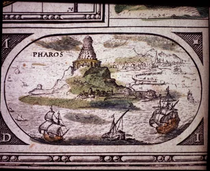 Az ókor hét csodájának ábrázolása: Alexandriai világítótorony. Jansson Jannsonius Atlaszában, amelyet Amszterdamban nyomtattak 1630-ban
