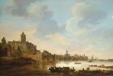 Város a folyó partján, komppal, 1648