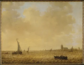 Tengeri táj. Dordrecht látképe a háttérben (olaj, vászon)