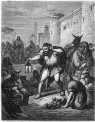Esop és Krisztus: a görög író Esop (Esop vagy Esopus, Kr. e. 6. század) lámpással a kezében állatfejű szereplők között sétál, „embert” keresve. Mögötte Jézus Krisztust látjuk. Illusztrációt az „Esope a un