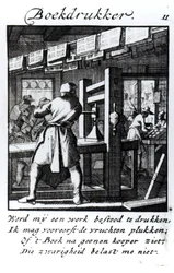 A könyvnyomtató, Abraham van St. Clara "Iets voor Allen" című szakkönyvéből, 1736 (metszet).
