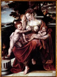 A jótékonyság allegóriája (több babát tápláló nő) Jan Metsys (vagy Massys) festménye (1509-1575) Mérete 120x90 cm Genes, Musei di Strada Nuova (ex Palazzo Bianco)