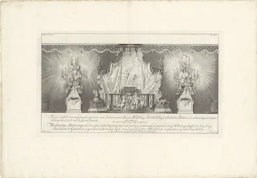 A szoba hátsó része IV. Vilmos herceg felségével, 1751 Fond de la sale dessiné Geometriquement (...) / Meetkonstige Afteekeninge of the back Zijde der Zale with the Cieraden soodanigh as the den Hr. Delage Leuit. Ezredes: Ingen.r és intendáns