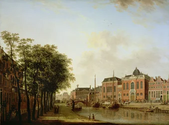 A Houtgracht, ma Jonas Daniël Meijerplein, Amszterdam, az askenázi zsinagógákkal, az arzenállal, a Portugál Zsinagógával és vitorlás uszályokkal