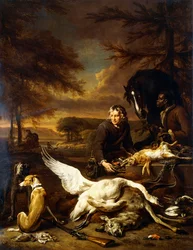 Vadászzsákmány vadászszolgával és egy fekete apróddal, aki egy pej lovat tart, 1700