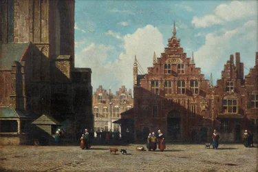 Napsütötte kilátás a Grote Markt-ra a St. Bavo templommal és a Vleeshal-val, Haarlem (olaj, panel)