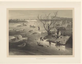 Gátszakadás és elárasztott farmok árvíz. 1855 (cím a tárgyon)