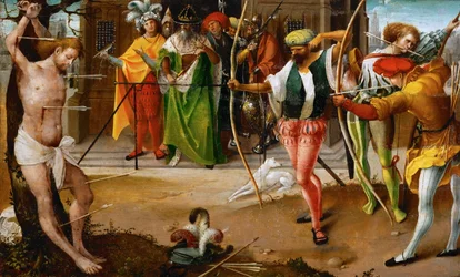 Szent Sebestyén vértanúsága – Jan De Beer (kb. 1475-1528). Olaj, fa, c. 1510. Mérete : 25,5x41,5 cm. Művészettörténeti Múzeum, Vienne